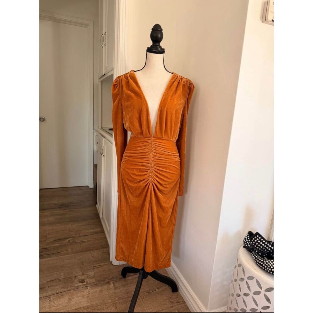 Rust Orange Velvet Ruched Midi Dress